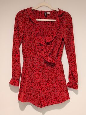 H&M Red Leopard Print Long-Sleeve Shorts Romper